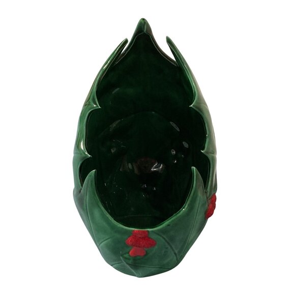Vintage Christmas Green Ceramic Holly Leaf Candle Holder With Red Berry Accents - Picture 1 of 8
